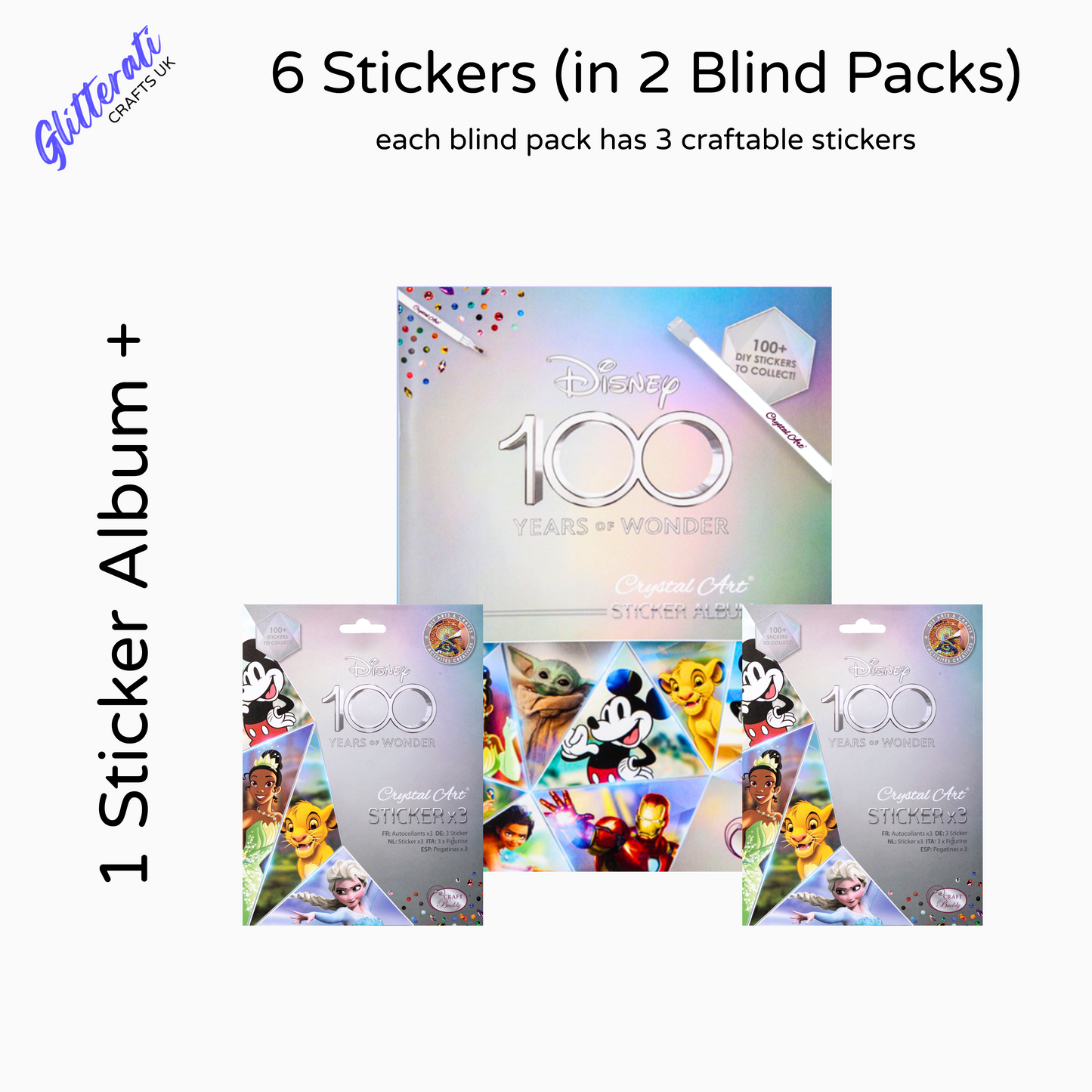 Disney D100 Crystal Art Sticker Album Starter Pack, Includes 6 Sparkling Stickers in 2 blind packs