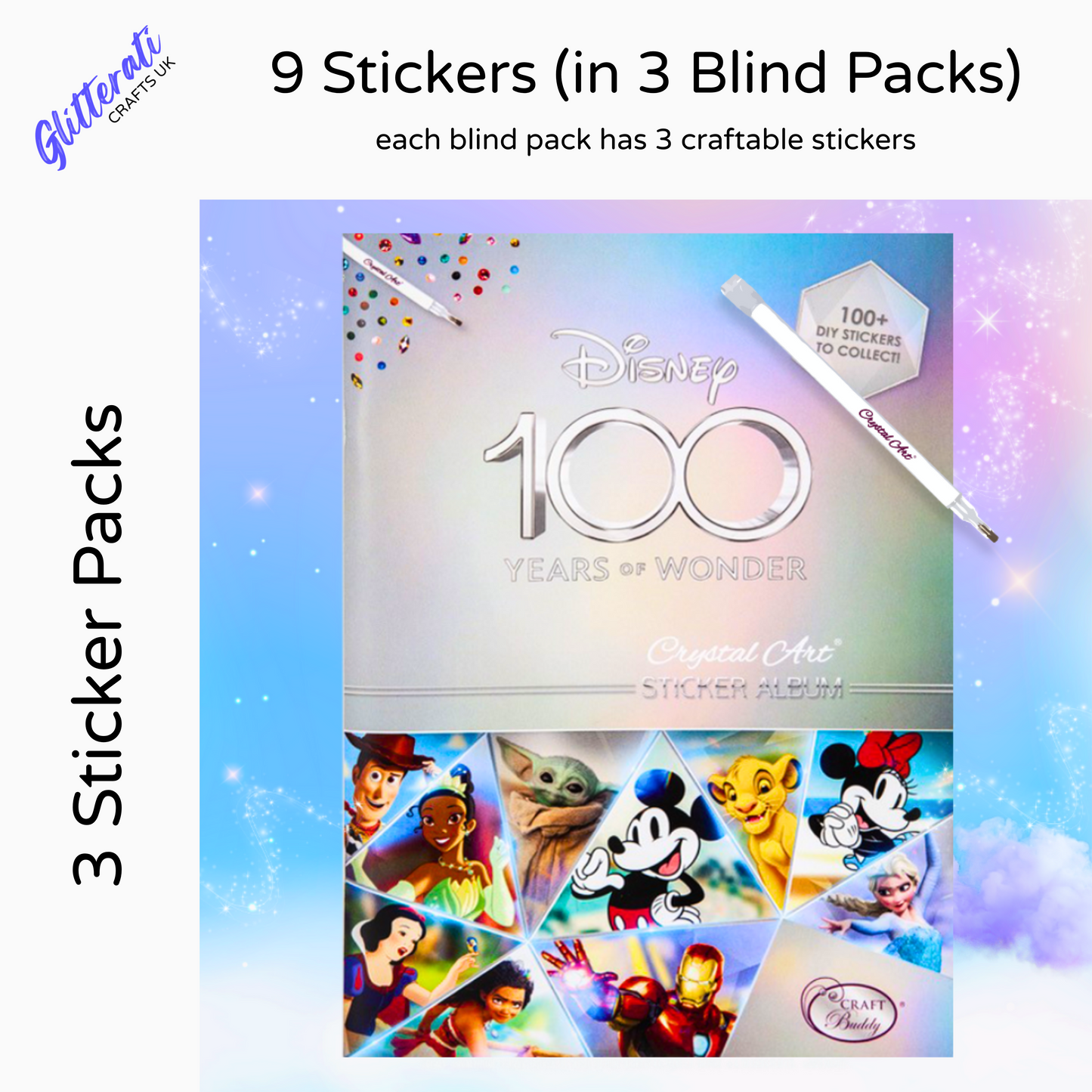 Disney D100 Crystal Art Sticker Pack, Includes 9 Stickers, 3 Sticker Pack