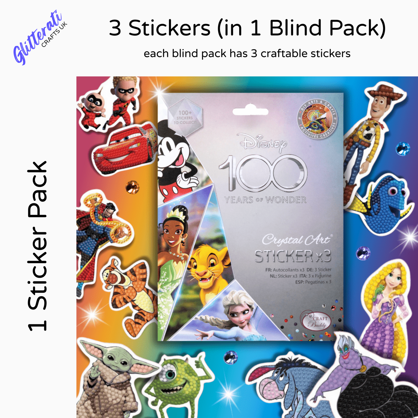 Disney D100 Crystal Art Sticker Pack, Includes 3X Stickers, 1 Sticker Pack