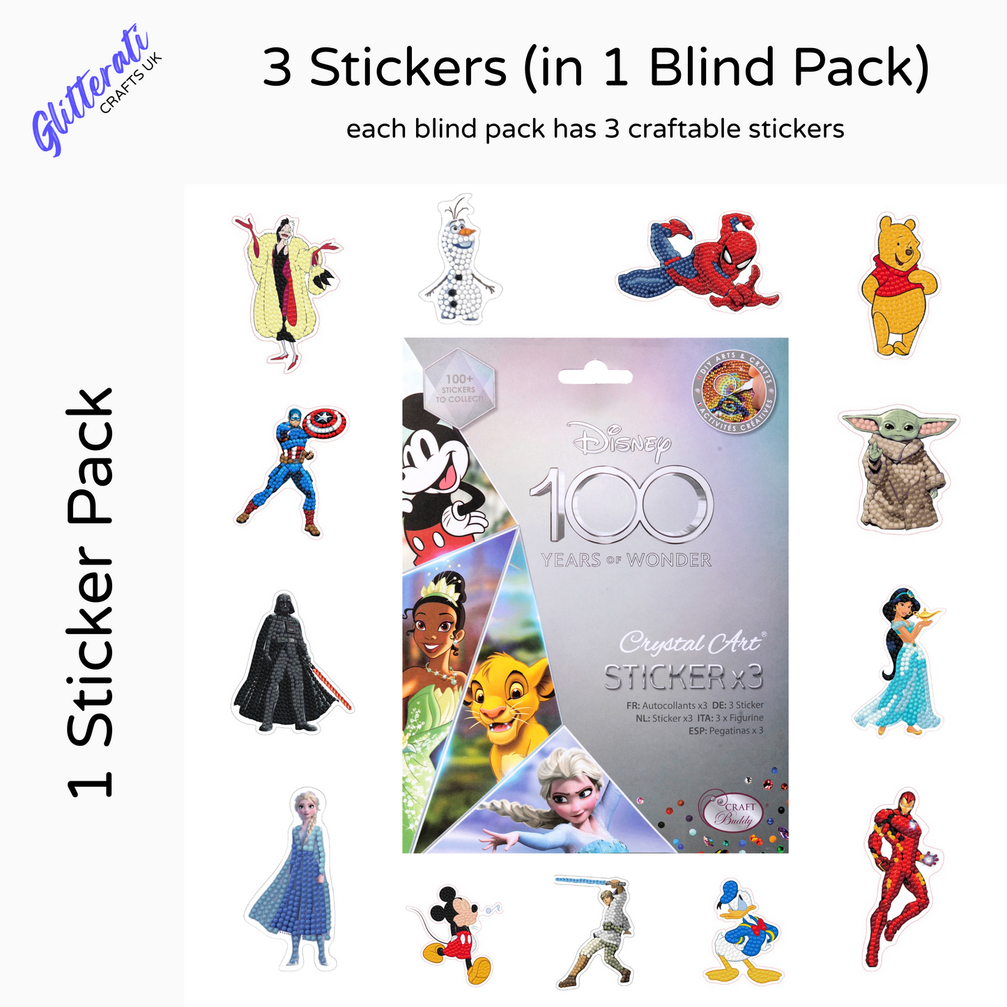 Disney D100 Crystal Art Sticker Pack, Includes 3X Stickers, 1 Sticker Pack